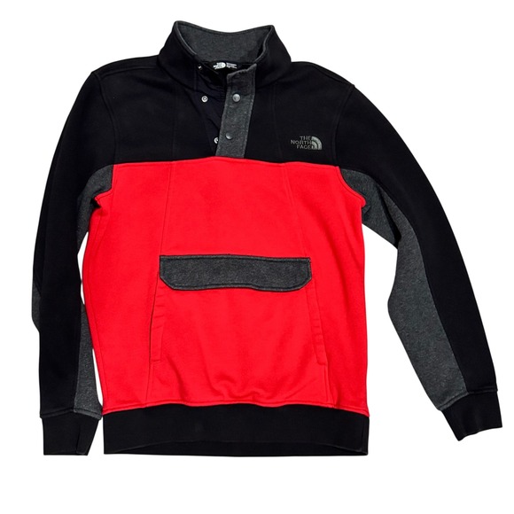 The North Face Pullover Sweatshirt Snap‎ Button Pocket Color Block M Red Black - Picture 1 of 12
